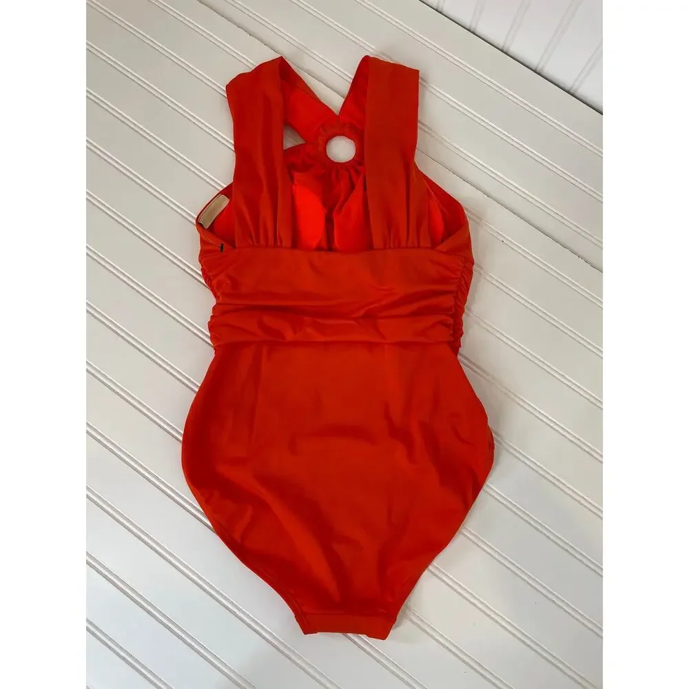 NWOT Michael Kors One Piece Bathing Suit Red Drapey High Neck Swimsuit Size XS